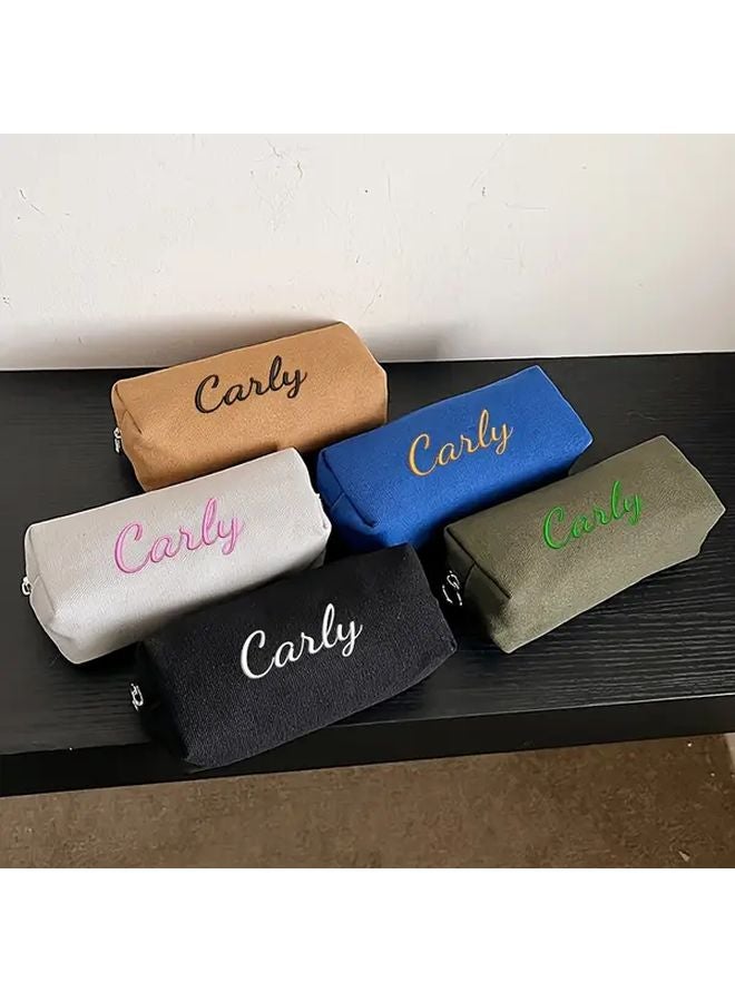 Grey Canvas Pencil Case With Zipper And Ring Handle For School Office Storage - Image 2